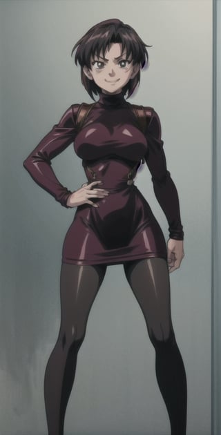 ((Masterpiece, best quality)), Thigh up, EPBlackLagoonStyle, Solo, Ada Wong with Asymmetrical short hair, wearing a ((burgundy Turtleneck sweater dress)), (((black Pantyhose))), (((Long black leather thighhigh Boots))), (Holster, harness), ((fingergun, fingergun g2head)), smirk, dark atmosphere, Horror themed, midnight, inside Police station,Anime,EPBlackLagoonStyle