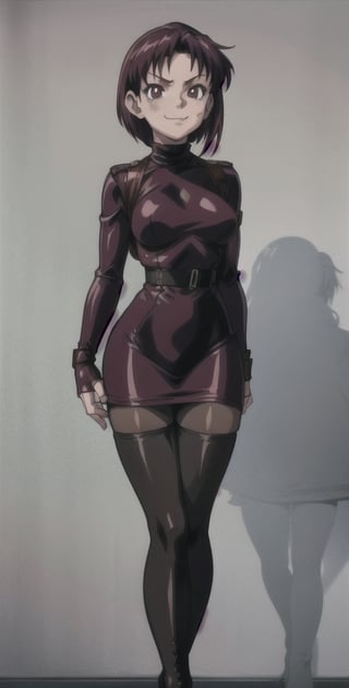 ((Masterpiece, best quality)), Thigh up, EPBlackLagoonStyle, Solo, Ada Wong with Asymmetrical short hair, wearing a ((burgundy Turtleneck sweater dress)), (((black Pantyhose))), (((Long black leather thighhigh Boots))), (Holster, harness), ((fingergun g2head)), smirk, dark atmosphere, Horror themed, midnight, inside Police station,Anime,EPBlackLagoonStyle