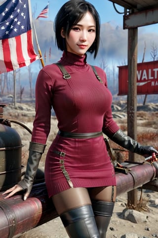 Best quality,ultra-realistic,hyper-realistic,8K,fallout, 24yo Ada Wong with BLACK asymmetrical blunt bobcut and (black eyeshadow), wearing (burgundy turtleneck sweater dress) with ((black_harness)), ((((black nylon pantyhose)))) under, (((long Black leather overknee thighhigh boots))), holding ((Handgun)), sitting, american flag, Nuka_Cola_Bottle, smile, wasteland, Fallout_4_logo,Asian,Chinese ,Model,Girl