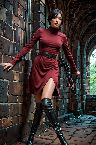 Beautiful 25yo Ada Wong with Asymmetrical Short Hair in the midst of an intense firefight, wearing her (burgundy turtleneck sweater dress), (((black nylon pantyhose))), ((long black leather thighhigh boots)), from 'ResidentEvil' Game, skillfully handling a rifle. The scene unfolds in a medieval castle, captured in a gritty, action-packed battle sequence. She is modeled with volumetric lighting, enhancing the drama of the scene. Render this image in 8K using Octane, focusing on achieving an extremely hyper-detailed and intricate composition that feels like an epic. The cinematic lighting should be emphasized to create a masterpiece effect. The scene should mirror a stunningly detailed matte painting, rich with deep, fantastical colors and a complementary color scheme, capturing the essence of fantasy concept art. Ensure the image is in 8K resolution, utilizing Unreal Engine 5 for an advanced render. Chiaroscuro and bioluminescent effects should be used to create dramatic contrasts, with volumetric light adding auras and rays in vivid colors. Her face should be prominently framed, conveying intensity and focus. Choose an editorial medium full body shot style of photography, maintaining an 8K RAW photo level quality, treated as a masterpiece. Incorporate twilight, natural, and beautifully dramatic lighting to create a trending piece on ArtStation and CGSociety. This dramatic lighting contributes to an immersive and intense atmosphere, while avoiding specific art styles like artgerm, Liang Xing, or WLOP to maintain originality. Keep the chiaroscuro subtle (chiaroscuro:0.2) for a realistic touch, ensuring the render is extremely realistic and detailed, following the high standards of SDXL. Enhance the realism and detail of the hands (Perfect hands:1.2), M16 Rifle series,Extremely Realistic,SDXL,realistic,style,character,woman,girl