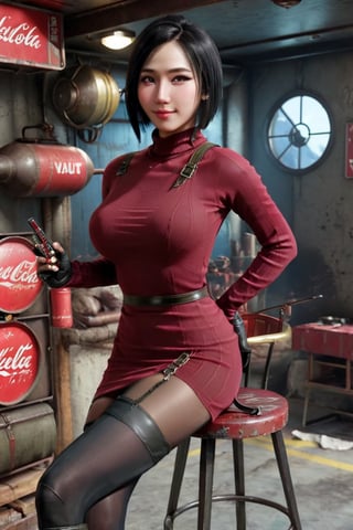 Best quality,ultra-realistic,hyper-realistic,8K,fallout, 24yo Ada Wong with BLACK asymmetrical blunt bobcut and (black eyeshadow), wearing (burgundy turtleneck sweater dress) with ((black_harness)), ((((black nylon pantyhose)))) under, (((long Black leather overknee thighhigh boots))), holding ((Handgun)), sitting in Vault, Vault Tech flag, Nuka_Cola_Bottle, smile, Fallout_4_logo,Asian,Chinese ,Model,Girl