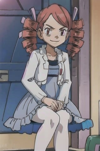 solo, 1girl, ursula_(pokemon), dress, blue dress, white pantyhose, white jacket, sitting, legs_crossed, looking_at_viewer, smirk