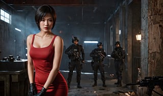 Beautiful 25yo Ada Wong with Asymmetrical Short Hair in the midst of an intense firefight, wearing her (short red dress) and (black nylon pantyhose ) from 'ResidentEvil' Game, skillfully handling a rifle. The scene unfolds in a police station, captured in a gritty, action-packed battle sequence. She is modeled with volumetric lighting, enhancing the drama of the scene. Render this image in 8K using Octane, focusing on achieving an extremely hyper-detailed and intricate composition that feels like an epic. The cinematic lighting should be emphasized to create a masterpiece effect. The scene should mirror a stunningly detailed matte painting, rich with deep, fantastical colors and a complementary color scheme, capturing the essence of fantasy concept art. Ensure the image is in 8K resolution, utilizing Unreal Engine 5 for an advanced render. Chiaroscuro and bioluminescent effects should be used to create dramatic contrasts, with volumetric light adding auras and rays in vivid colors. Her face should be prominently framed, conveying intensity and focus. Choose an editorial medium full body shot style of photography, maintaining an 8K RAW photo level quality, treated as a masterpiece. Incorporate twilight, natural, and beautifully dramatic lighting to create a trending piece on ArtStation and CGSociety. This dramatic lighting contributes to an immersive and intense atmosphere, while avoiding specific art styles like artgerm, Liang Xing, or WLOP to maintain originality. Keep the chiaroscuro subtle (chiaroscuro:0.2) for a realistic touch, ensuring the render is extremely realistic and detailed, following the high standards of SDXL. Enhance the realism and detail of the hands (Perfect hands:1.2), M16 Rifle series,Extremely Realistic,SDXL,M16 Rifle series,realistic,style,character,woman,girl