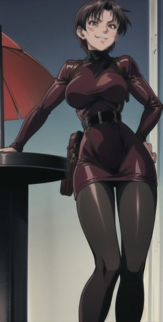 Thigh up, EPBlackLagoonStyle, Solo, Ada Wong with Asymmetrical short hair, wearing a ((burgundy Turtleneck sweater dress)), (((black Pantyhose))), (((Long black leather thighhigh Boots))), (Holster, harness), smirk, dark atmosphere, Horror themed, midnight, inside Police station,Anime,EPBlackLagoonStyle