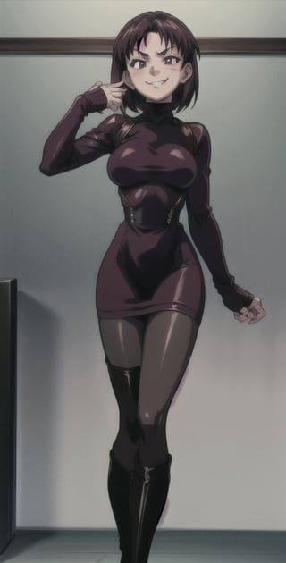 ((Masterpiece, best quality)), Thigh up, EPBlackLagoonStyle, Solo, Ada Wong with Asymmetrical short hair, wearing a ((burgundy Turtleneck sweater dress)), (((black Pantyhose))), (((Long black leather thighhigh Boots))), (Holster, harness), ((fingergun g2head)), smirk, dark atmosphere, Horror themed, midnight, inside Police station,Anime,EPBlackLagoonStyle