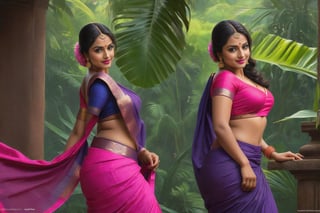 From below up, SFW, High res,(boobs grab), (sexy legs:1.3), 45 degree angle, modelshoot style,(((mallu aunty))), (masterpiece:1), (best quality:1), ((red-pink lipstick)), (extremely detailed CG unity 8k wallpaper), full shot body photo of the most beautiful artwork in the world, (beautiful Indian curvy lonely wife:1.2), (Cheeky smile:1), ((dancing sexually:0.5)), (from_side:1.3), black round-neck cotton blouse, ((Slips her purple cotton saree)) to show cleavage, sensual cleavage, ((Smooth skin:0.5)), beautiful (small waist, wide hips:0.5), sweaty body, in hut sorounded by jungle, (detailed face:1), professional majestic digital painting by Ed Blinkey, Atey Ghailan, Studio Ghibli, by Jeremy Mann, Greg Manchess, Antonio Moro, trending on ArtStation, trending on CGSociety, Intricate, (High Detail), ((Sharp focus)), dramatic, ((photorealistic digital painting)) art by midjourney and greg rutkowski