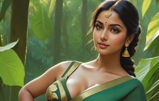 From below up, SFW, High res,(boobs grab), 45 degree angle, modelshoot style,(mallu aunty), (masterpiece:1), (best quality:1), (extremely detailed CG unity 8k wallpaper), full shot body photo of the most beautiful artwork in the world, (beautiful Indian curvy lonely wife:1.2), (Cheeky smile:1), ((dancing sexually:0.5)), (from_side:1.3), black round-neck cotton blouse, nipple pearcing, nipple ring, ((Slips her deep neutral greeen  cotton saree with gold accent)) to show cleavage, sensual cleavage, ((Smooth skin:0.5)), beautiful (small waist, wide hips:0.5), sweaty body, in hut sorounded by jungle, (detailed face:1), professional majestic digital painting by Ed Blinkey, Atey Ghailan, Studio Ghibli, by Jeremy Mann, Greg Manchess, Antonio Moro, trending on ArtStation, trending on CGSociety, Intricate, (High Detail), ((Sharp focus)), dramatic, ((photorealistic digital painting)) art by midjourney and greg rutkowski