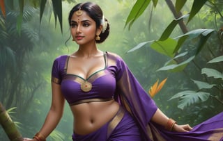 From below up, SFW, High res,(boobs grab), 45 degree angle, modelshoot style,(mallu aunty), (masterpiece:1), (best quality:1), (extremely detailed CG unity 8k wallpaper), full shot body photo of the most beautiful artwork in the world, (beautiful Indian curvy lonely wife:1.2), (Cheeky smile:1), ((dancing sexually:0.5)), (from_side:1.3), black round-neck cotton blouse, ((Slips her purple cotton saree)) to show cleavage, sensual cleavage, ((Smooth skin:0.5)), beautiful (small waist, wide hips:0.3), sweaty body, in hut sorounded by jungle, (detailed face:1), professional majestic digital painting by Ed Blinkey, Atey Ghailan, Studio Ghibli, by Jeremy Mann, Greg Manchess, Antonio Moro, trending on ArtStation, trending on CGSociety, Intricate, (High Detail), ((Sharp focus)), dramatic, ((photorealistic digital painting)) art by midjourney and greg rutkowski