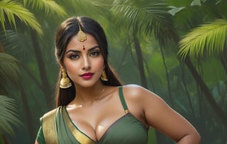 From below up, SFW, High res,(boobs grab), 45 degree angle, modelshoot style,(mallu aunty), (masterpiece:1), (best quality:1), (extremely detailed CG unity 8k wallpaper), full shot body photo of the most beautiful artwork in the world, (beautiful Indian curvy lonely wife:1.2), (Cheeky smile:1), ((dancing sexually:0.5)), (from_side:1.3), black round-neck cotton blouse, nipple pearcing, nipple ring, ((Slips her deep neutral greeen  cotton saree with gold accent)) to show cleavage, sensual cleavage, ((Smooth skin:0.5)), beautiful (small waist, wide hips:0.5), sweaty body, in hut sorounded by jungle, (detailed face:1), professional majestic digital painting by Ed Blinkey, Atey Ghailan, Studio Ghibli, by Jeremy Mann, Greg Manchess, Antonio Moro, trending on ArtStation, trending on CGSociety, Intricate, (High Detail), ((Sharp focus)), dramatic, ((photorealistic digital painting)) art by midjourney and greg rutkowski