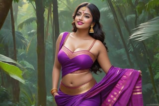 From below up, SFW, High res,(boobs grab), (sexy legs:1.3), 45 degree angle, modelshoot style,(((mallu aunty))), (masterpiece:1), (best quality:1), (red-pink lips), (extremely detailed CG unity 8k wallpaper), full shot body photo of the most beautiful artwork in the world, (beautiful Indian curvy lonely wife:1.2), (Cheeky smile:1), ((dancing sexually:0.5)), (from_side:1.3), black round-neck cotton blouse, ((Slips her purple cotton saree)) to show cleavage, sensual cleavage, ((Smooth skin:0.5)), beautiful (small waist, wide hips:0.5), sweaty body, in hut sorounded by jungle, (detailed face:1), professional majestic digital painting by Ed Blinkey, Atey Ghailan, Studio Ghibli, by Jeremy Mann, Greg Manchess, Antonio Moro, trending on ArtStation, trending on CGSociety, Intricate, (High Detail), ((Sharp focus)), dramatic, ((photorealistic digital painting)) art by midjourney and greg rutkowski