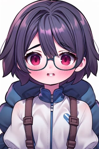 glasses,girl, short hair, dark blue hair, red eyes, innocent,(best quality