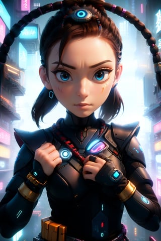 (cyborg ninja ), ([tail | detailed wire]:1.3), (intricate details), HDR, (intricate details, hyperdetailed:1.2), cinematic shot, vignette, centered, better_hands, Realistic portrait, Amazing face and eyes, (Best Quality:1.4),disney pixar style,Cyberpunk
