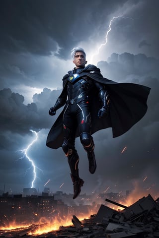 masterpiece, top quality, best quality, 1boy in t-pose, levitating, sparks, windy, cape, hovering, destroyed city, apocalypse, dystopian city in flames, wavey white hair, colorful, highest detailed, hypermaximalistic, flying debris, zero gravity, shooting lightning from hands, blue glowing eyes, evil male villain, lens flares, dark clouds