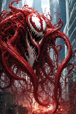 perfect mix between Carnage from Marvel and Dc, with Carnage's white tentacles protruding from his entire body, destroying city, blood, epic, (cataclysmic, white eyes like venom, gargantuan, taller than buildings, oversized, gigantic:1.9), absurdres, best quality, fantasy style ,(intricate details), (hyperdetailed), 8k hdr, high detailed, lot of details, high quality, soft cinematic light, dramatic atmosphere, atmospheric perspective
