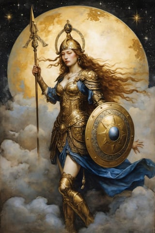 (Albrecht Dürer style: 1.3), A young woman, Medieval motifs, antique, ornament, Gu Gu, Gu Gu, Goddess of Wisdom, Goddess of War, Athena, Golden helmet, Golden spear, A large shield of golden armor, Golden Talisman Armor, There are clouds and the sun in the background, Fighting stance, in the Milky Way, It is an interstellar free elf, Best quality