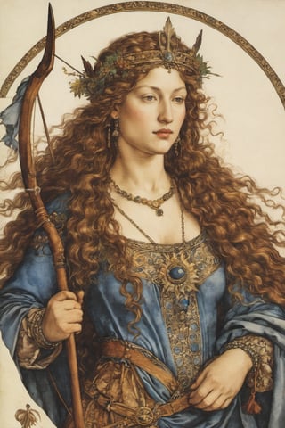 (Albrecht Dürer Style: 1.3), A Woman, Medieval Pattern, Antique, Decoration, Vintage, Vintage, Best Quality, Moon Goddess - Diana, wearing a crescent crown, long brown curly hair combed In the back, wearing hunting clothes, carrying a bow and golden arrows