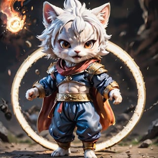 Cinematic poster, cute angry baby cat with circle-shaped shockwave around the mouth in dragonball clothes, battle_stance, on fight ring, japanese horror, (masterpiece:1.2), best quality, (highly detailed digital painting:1.2), (fantastic comic book style:1.3), 8k, (detailed face), photorealistic, (reflections), realistic, real shadow, octane render, 3d, (medieval atmosphere), (by Michelangelo),photo r3al,Movie Still,r4w photo,ral-chrcrts,detailmaster2,CHIBI