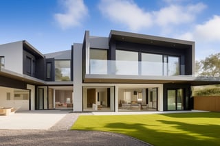 United Kingdom Exclusive Residential Architecture House of the future, beautiful sunny day with a mother and father and two children entering the front door of the house, a modern sports car is parked on the driveway outside the house, dvarchmodern