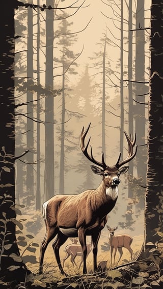 (Grzegorz Rosiński style:1.4) , 
Woods, forest, hunting, deer, 
 realistic, high contrast,ink draw,Comic book Grzegorz Rosiński style, Vector Drawing
 , professional, 4k, mutted colors, vintage, ,Flat vector art,Vector illustration,flat design,Illustration,illustration