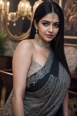 (masterpiece, best quality, ultra-detailed, 8K),high detail, realisitc detailed, a beautiful young mature indian women slight curvy body with long flowy black hair over shoulders in the dark, wearing saree, blue eyes, pale soft skin, kind smile, glossy lips, a serene and contemplative mood, setting on the top of the mountain, ,red lips,hd makeup,Indian, wide angle,Saree
