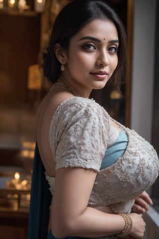 (masterpiece, best quality, ultra-detailed, 8K),high detail, realisitc detailed, a beautiful young mature indian women slight curvy body with long flowy black hair over shoulders in the dark, wearing saree, blue eyes, pale soft skin, kind smile, glossy lips, a serene and contemplative mood, setting on the top of the mountain, ,red lips,hd makeup,Indian, wide angle,Saree