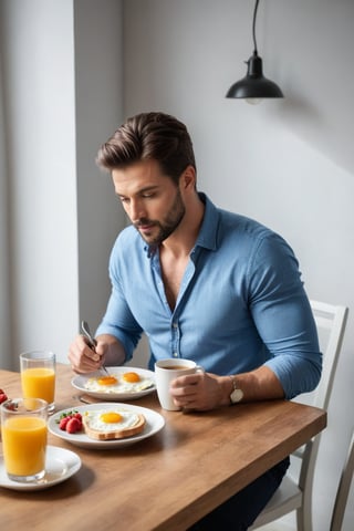 Realistic Photography, Handsome men , eating breakfast, sitting on table