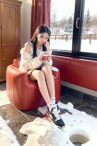 girl, high school girl, home, fine snow, hot spring heat presents contrast, everyone has a comfortable expression, (full body:1.5). The goal is to create a ((professional photograph)) that is both visually striking and technically superb.
 eating breakfast, sitting on table, red clothes