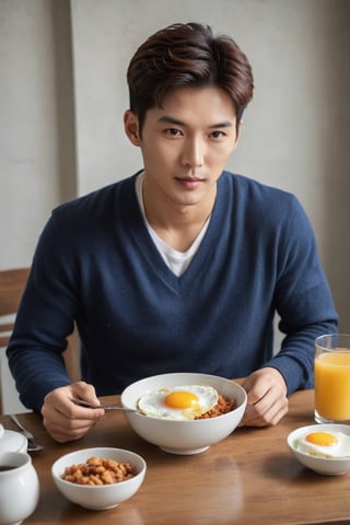 Realistic Photography, Handsome korean men , eating breakfast, sitting on table