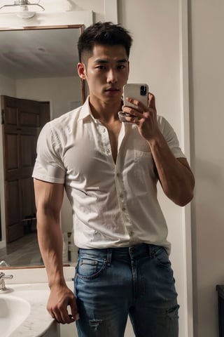 (masterpiece, top quality, best quality, official art, hdr, high contrast, ultra high res), light brown hair, whort pulled back hair, looking at viewer, 1man, solo, a muscular Korean boy, 20yo, tall, great muscular , broad shoulders, biceps, white collared shirt, open shirt, jeans, tan skin, K-pop idol face, handsome, selfie, mirror, 