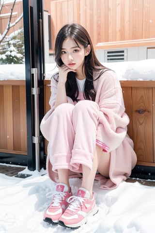 girl, high school girl, home, fine snow, hot spring heat presents contrast, everyone has a comfortable expression, (full body:1.5). The goal is to create a ((professional photograph)) that is both visually striking and technically superb.
 eating breakfast, sitting on table, pink clothes