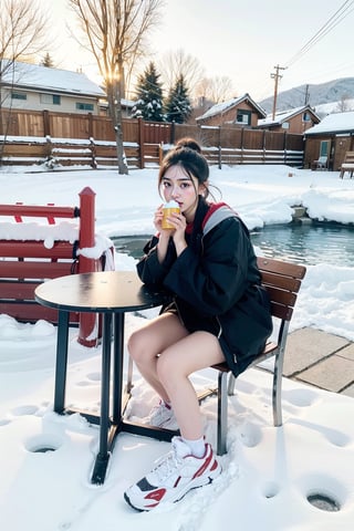 girl, high school girl, graduation trip, hot spring trip, hot spring inn, open-air hot spring, soaking in the open-air hot spring, fine snow, hot spring heat presents contrast, everyone has a comfortable expression, (full body:1.5). The goal is to create a ((professional photograph)) that is both visually striking and technically superb.
 eating breakfast, sitting on table, red clothes