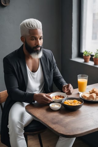 A black person with a beard, white hair, man of style, wide shot, full body, like from perfect world, trending on pinterest, like a model, trending on cgtalk, handsome, tattoos, the character in different poses , white beard, he is about 20 years old, eating breakfast, sitting on table