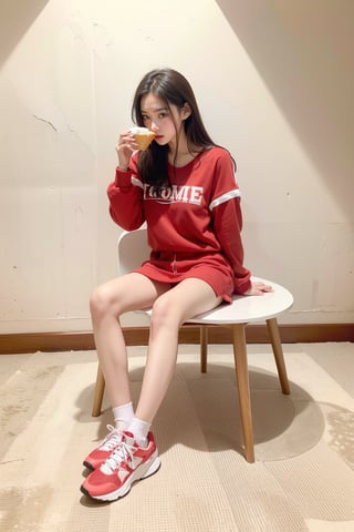 girl, high school girl, home, fine snow, hot spring heat presents contrast, everyone has a comfortable expression, (full body:1.5). The goal is to create a ((professional photograph)) that is both visually striking and technically superb.
 eating breakfast, sitting on table, red clothes