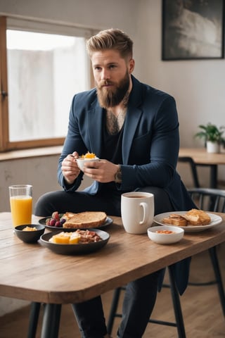 A person with a beard, man of style, wide shot, full body, like from perfect world, trending on pinterest, like a model, trending on cgtalk, handsome, tattoos, the character in different poses , blonde beard, he is about 20 years old, eating breakfast, sitting on table