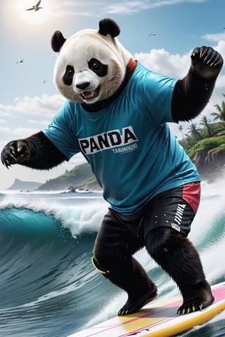 a panda wearing t-shirt and riding a surfboard down a sea waves in a gloves on a sea side,  hyper real, poster art, photorealism, motion lines, motion blur, film screencap, film grain, movie poster,  horrified,firefliesfireflies,1 girl,Extremely Realistic,more detail XL,moonster, shot from back, looking away from camera