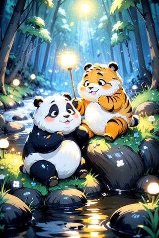 master piece, high quality, fat cute panda and fat cute tiger, playing, with a belly, in the forest, night, torch, river, rain