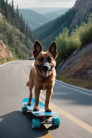 a dog  riding a skateboard down a city side road in a helmet and gloves on a mountain side,  hyper real, poster art, photorealism, motion lines, motion blur, film screencap, film grain, movie poster,  horrified,firefliesfireflies,1 girl