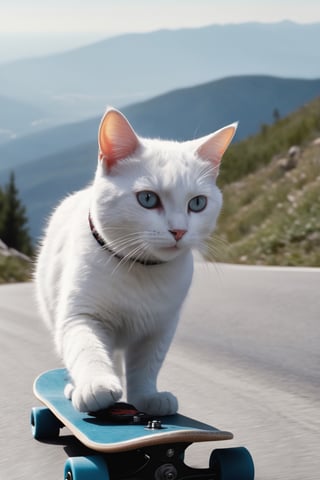 a white cat  riding a skateboard down a mountain side road in a helmet and gloves on a mountain side,  hyper real, poster art, photorealism, face close-up, motion lines, motion blur, film screencap, film grain, movie poster,  horrified,firefliesfireflies,1 girl