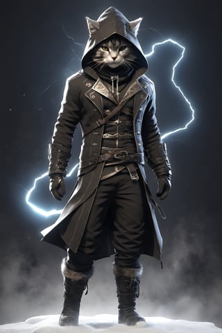 assassin creed, a cat, winter_clothes, black clothe, hoodie on head, full_body, high_resolution, high detail, perfect body,Monster,Xxmix_Catecat,composed of elements of thunder,thunder,electricity, full_body,more detail XL