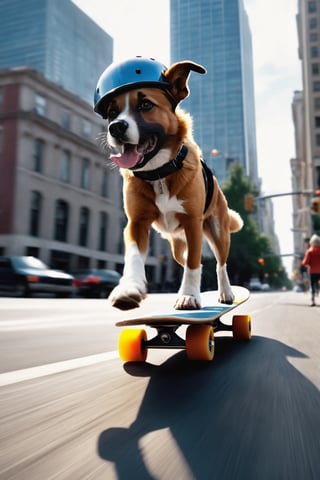 a dog  riding a skateboard down a city side road in a helmet and gloves on a city side,  hyper real, poster art, photorealism, motion lines, motion blur, film screencap, film grain, movie poster,  horrified,firefliesfireflies,1 girl