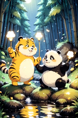 master piece, high quality, fat cute panda and fat cute tiger, playing, with a belly, in the forest, night, torch, river, rain