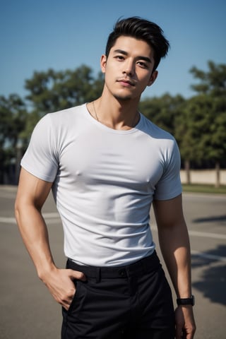 solo, short hair, shirt, black hair, 1boy, standing, short sleeves, male focus, outdoors, sky, day, pants, cloud, blue sky, black shirt, facial hair, black pants, sunlight, t-shirt, realistic, photo background,Pectoral Focus