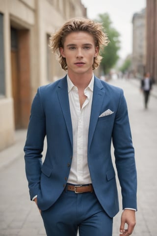 ((European male)), young, ((25 years old)), ((high school boy)), handsome, ((wave hair)), blue eyes, ((jawline)), ((freckle whole body)), ((showing upper body)), open upper chest, bohemian clothes style, bohemian jewelry, full body. on walking in the company building , suit, not looking towrods cemara