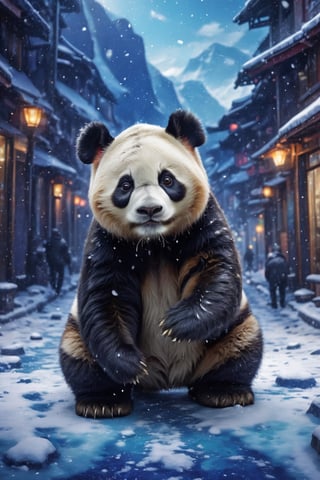 (best quality,8K,highres,masterpiece), ultra-detailed, a panda on the blue snow street,more detail XL