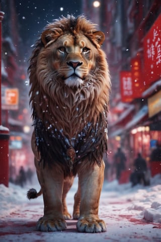 (best quality,8K,highres,masterpiece), ultra-detailed, a  lion on the red snow street
