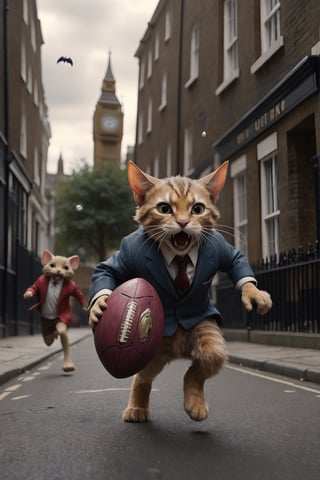 fury cat lord insanely running after stealing the football from a daddy mouse at the street of london, cinematic