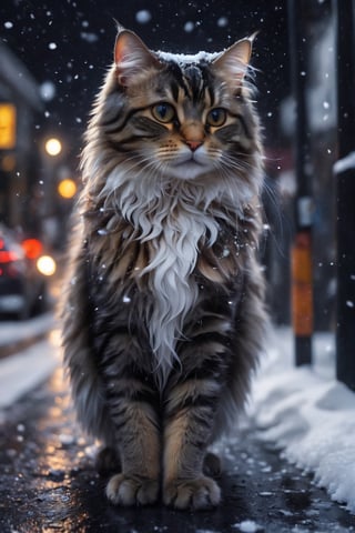 (best quality,8K,highres,masterpiece), ultra-detailed, a cat on the black snow street