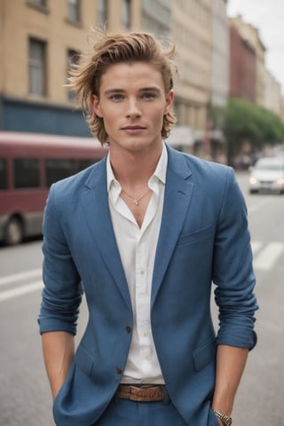 ((European male)), young, ((25 years old)), ((high school boy)), handsome, ((wave hair)), blue eyes, ((jawline)), ((freckle whole body)), ((showing upper body)), open upper chest, bohemian clothes style, bohemian jewelry, full body. on a road of a city going to office in car, suit, manly face