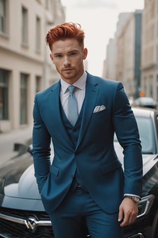 hyper-realistic photo, handsome fit muscles young man in suit wear, photo on nikon Z7 on the car, wave red hair, cozy bright car, film grain, f1. 8, city paradise,Extremely Realistic, in different poses, on the road to office