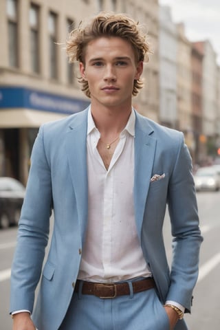 ((European male)), young, ((25 years old)), ((high school boy)), handsome, ((wave hair)), blue eyes, ((jawline)), ((freckle whole body)), ((showing upper body)), open upper chest, bohemian clothes style, bohemian jewelry, full body. on a road of a city going to office in car, suit, manly face